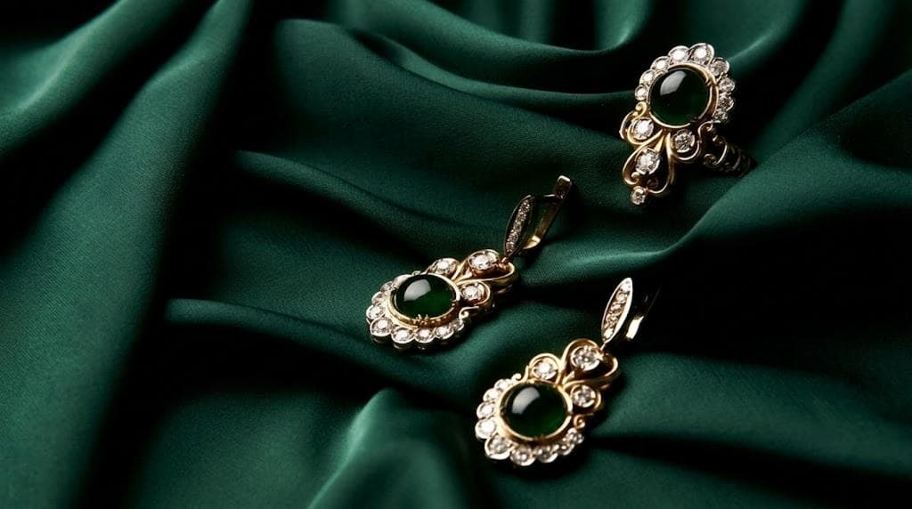 Emerald and diamond jewelry set on emerald silk